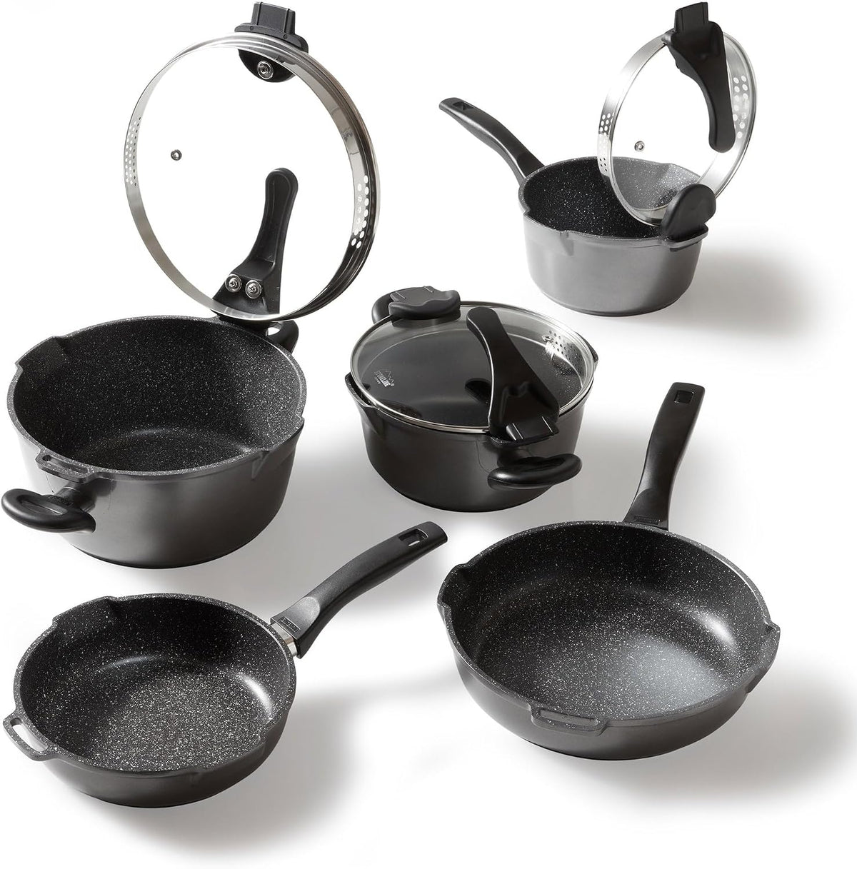 STONELINE batterie de cuisine, Noir, Future 8 pcs, Set de Casseroles, Poêles avec Becs Verseurs et Couvercles Passoires