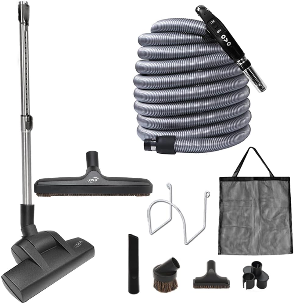 OVO Tuyaux, 9 m, Noir, Kit d'aspirateur Central Deluxe Plus, Tuyau Basse Tension Marche/arrêt, Brosse Turbo Allemande