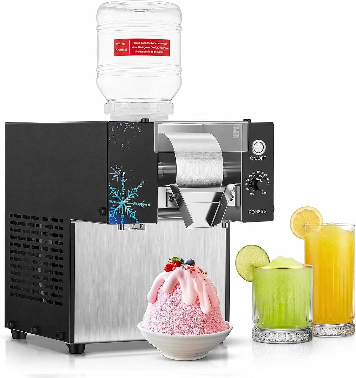FOHERE sorbetière, 80 kg, Argenté, Machine à glace et à neige professionnelle /24 h, régulateur de vitesse