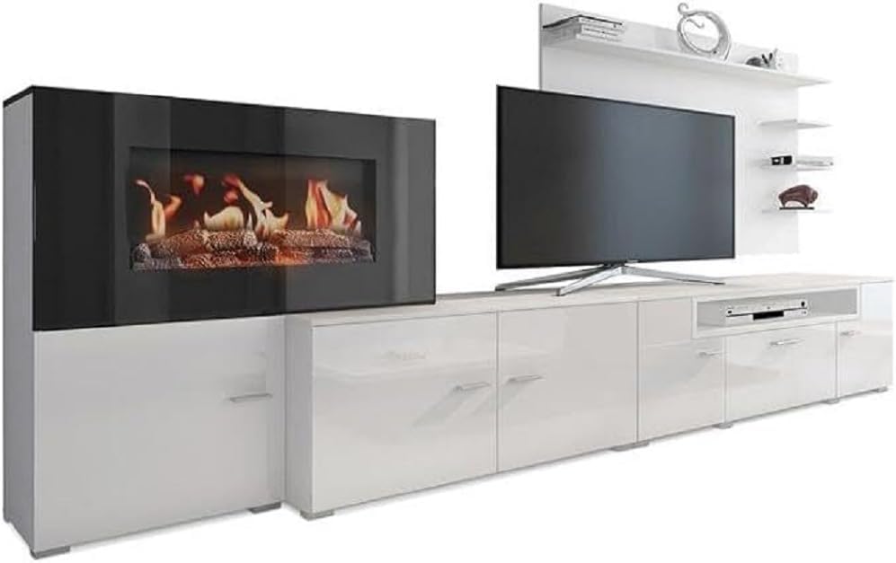 Skraut Home cheminée électrique, 290x170x45 cm, Blanc, - Meuble de Salon, 5 Niveaux de Flamme, Couleur Mat et laqué Brillant