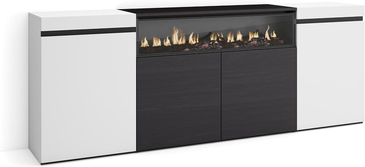 Skraut Home cheminée électrique, 200x75x35 cm, Blanc/Noir, Buffet Salon et Cuisine, Meuble de Rangement, 4 Portes