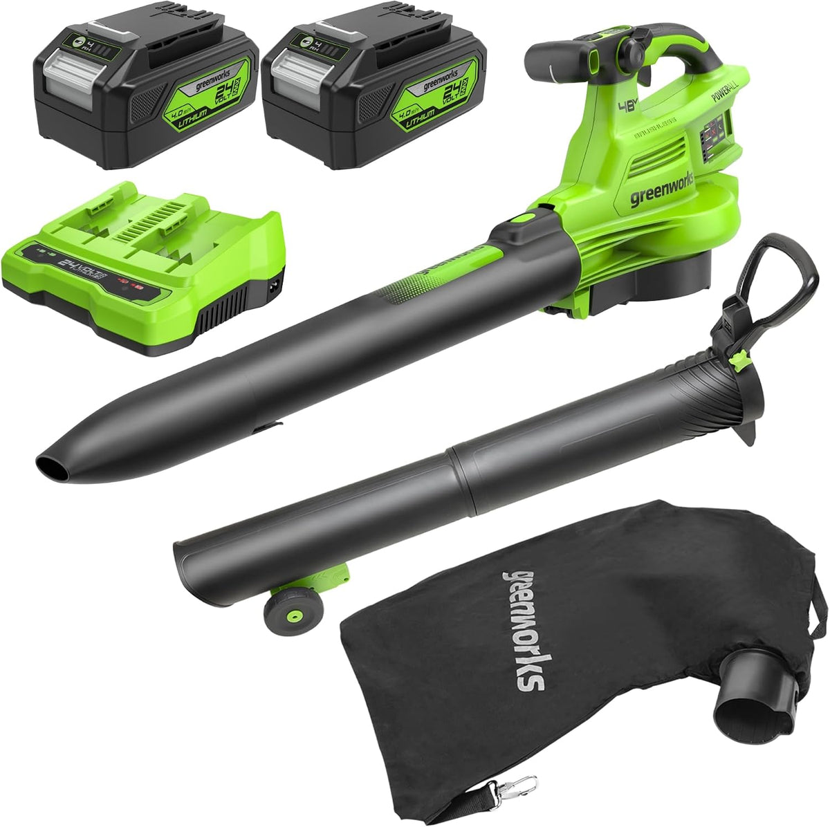 Greenworks Souffleurs de feuilles, 48 V, 24 V, 14.73 m, 45 L, 4 Ah, Noir, ( x 2) Aspirateur Souffleur Sans fil de Feuilles à Batterie Bandoulière