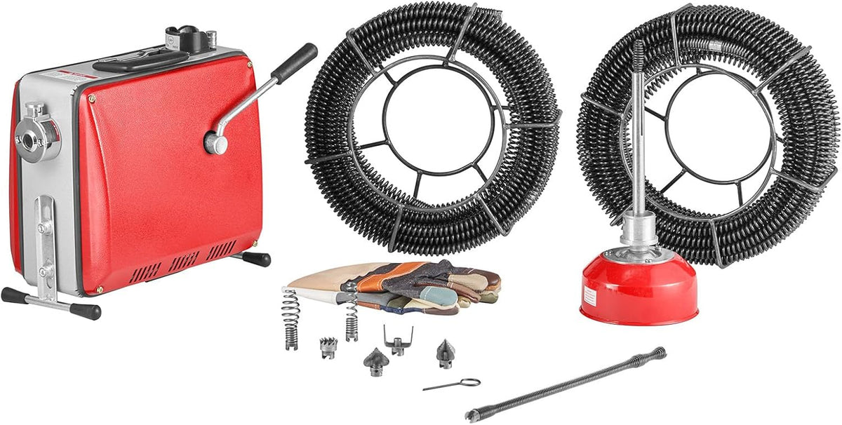 VEVOR Furets déboucheurs, 14,6 x 6,5 x 13,2 pouces / 370 x 165 x 335 mm, 500 W, 1400 tr/min, 2x20 m, 16 mm, Rouge + Argent