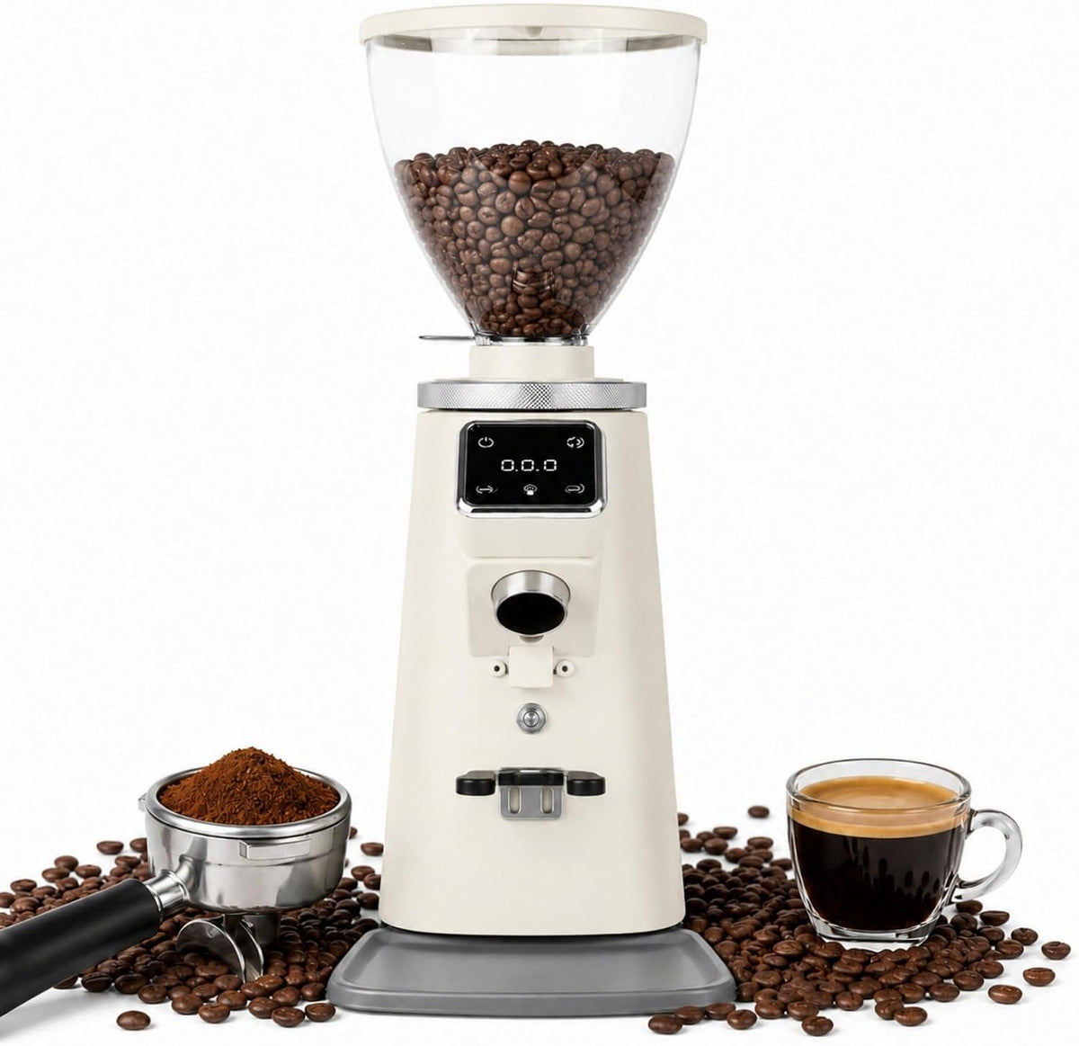 HCAUYNN Moulins électriques à cônes, 175 × 268 × 450 mm, 350 W, 64 mm, 3 g, 750 g, Argenté/Blanc, Moulin Café Professionnel