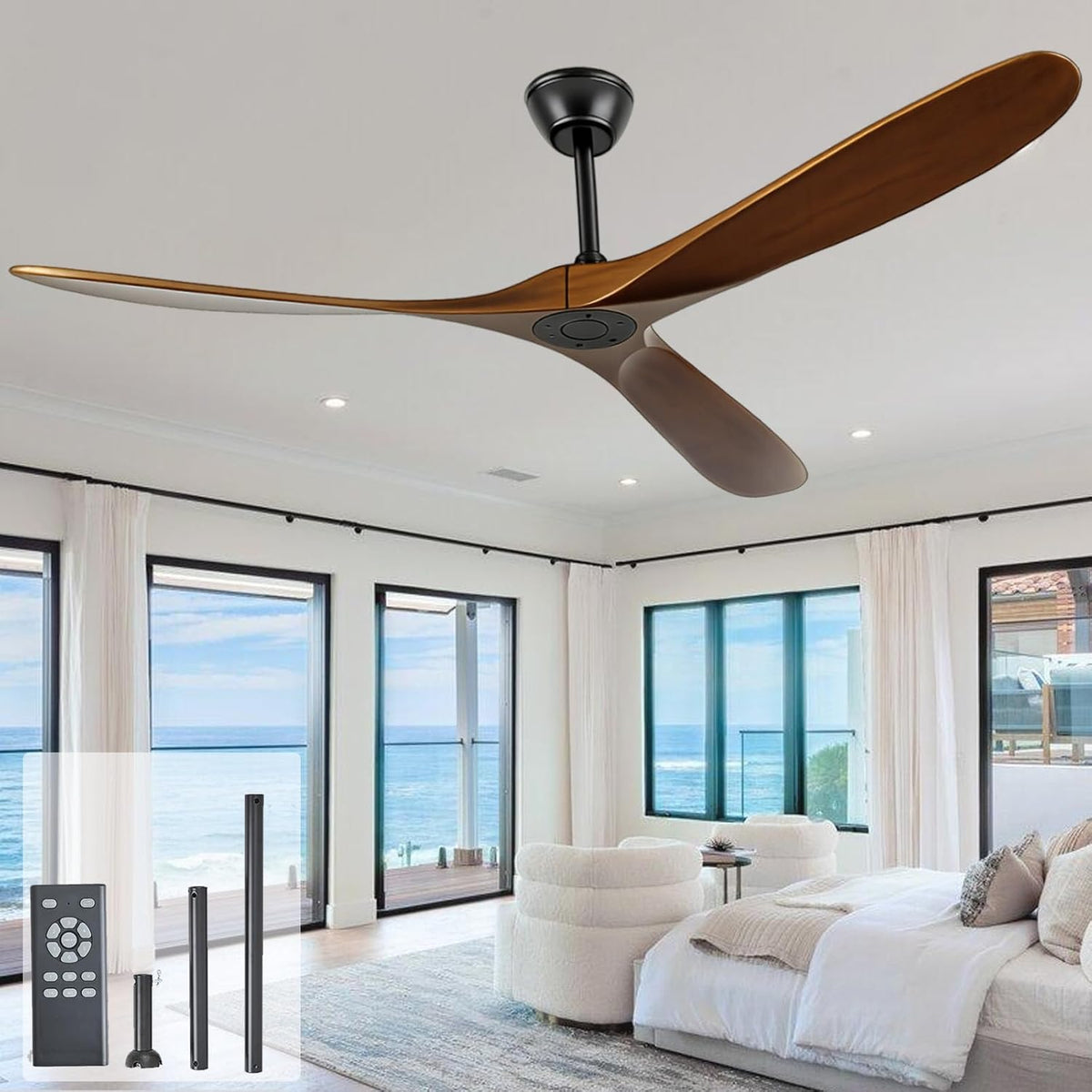 Heyecola Ventilateurs de plafond, 152,4 cm, Blanc, Ventilateur de plafond en bois de sans lumière, d'extérieur avec télécommande