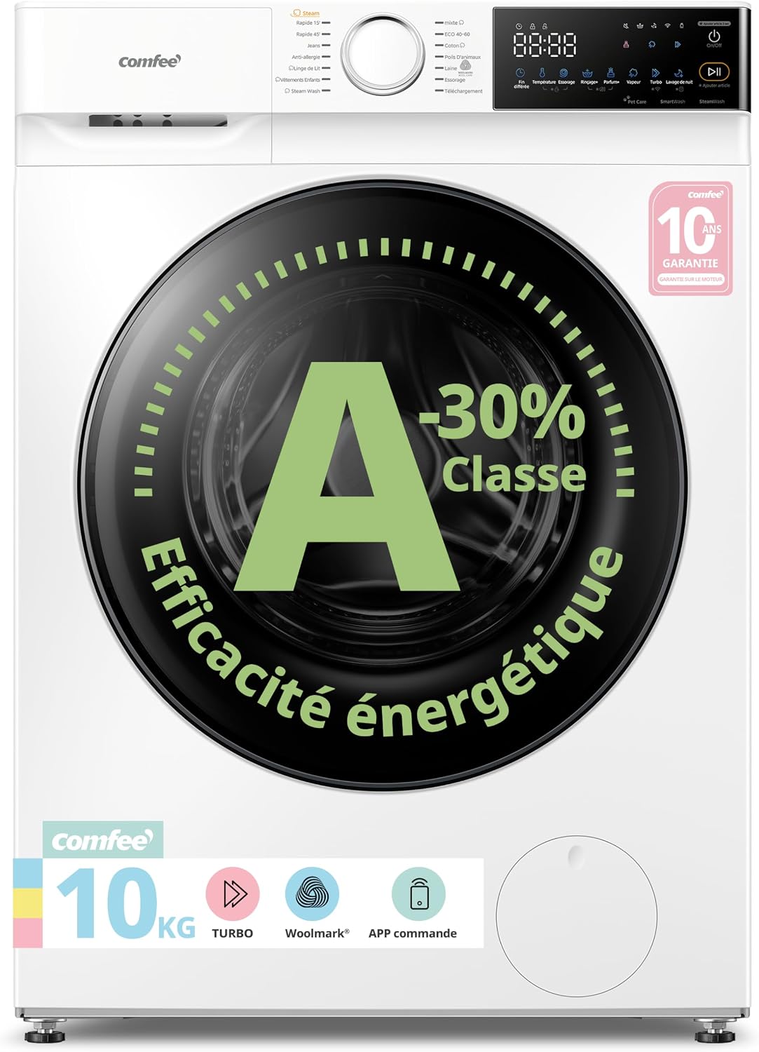 Comfee lave-linge, 10KG, 1400 RPM, Blanc, ' Machine a laver Classe A-30% Smart wash CF10EWP07 W, App commande intelligente