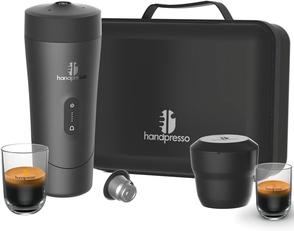 Handpresso machine à café, Noir/Argenté, Auto Set, cafetiere de voyage à batterie USB-C, capsule expresso & capsule réutilisable café moulu