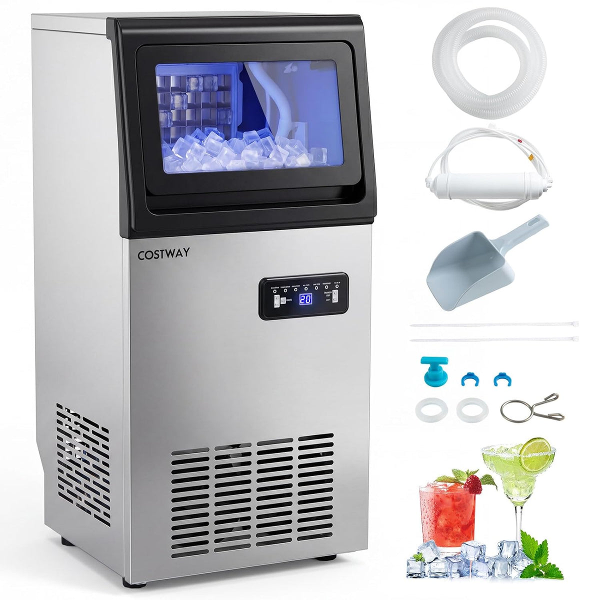 COSTWAY bureau, 50 kg, 11 kg, Argent, Machine a Glacons Commerciale en 24h, Maison Restaurant, Stockage, 36 Cubes en 13 Min