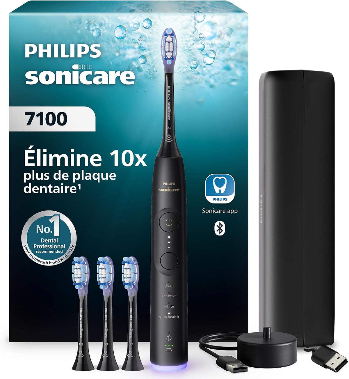 PHILIPS Soniques, Noir, Sonicare 7100 - Brosse à dents électrique sonique avec application, 4 modes de brossage