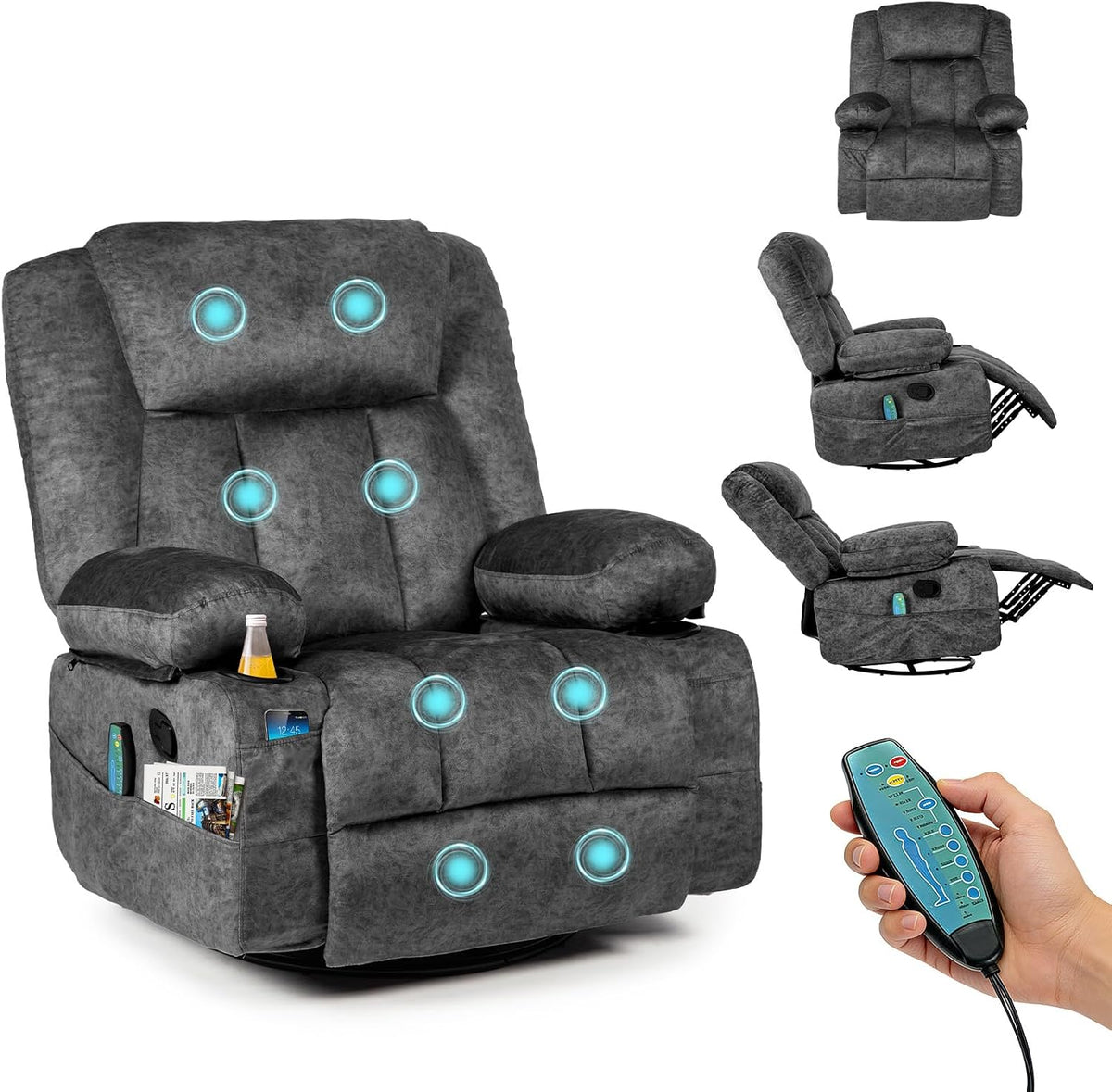 HAUSPROFI téléviseur, Gris, Fauteuil TV avec Chaleur et Massage, Fauteuil de Relaxation avec Fonction allongée