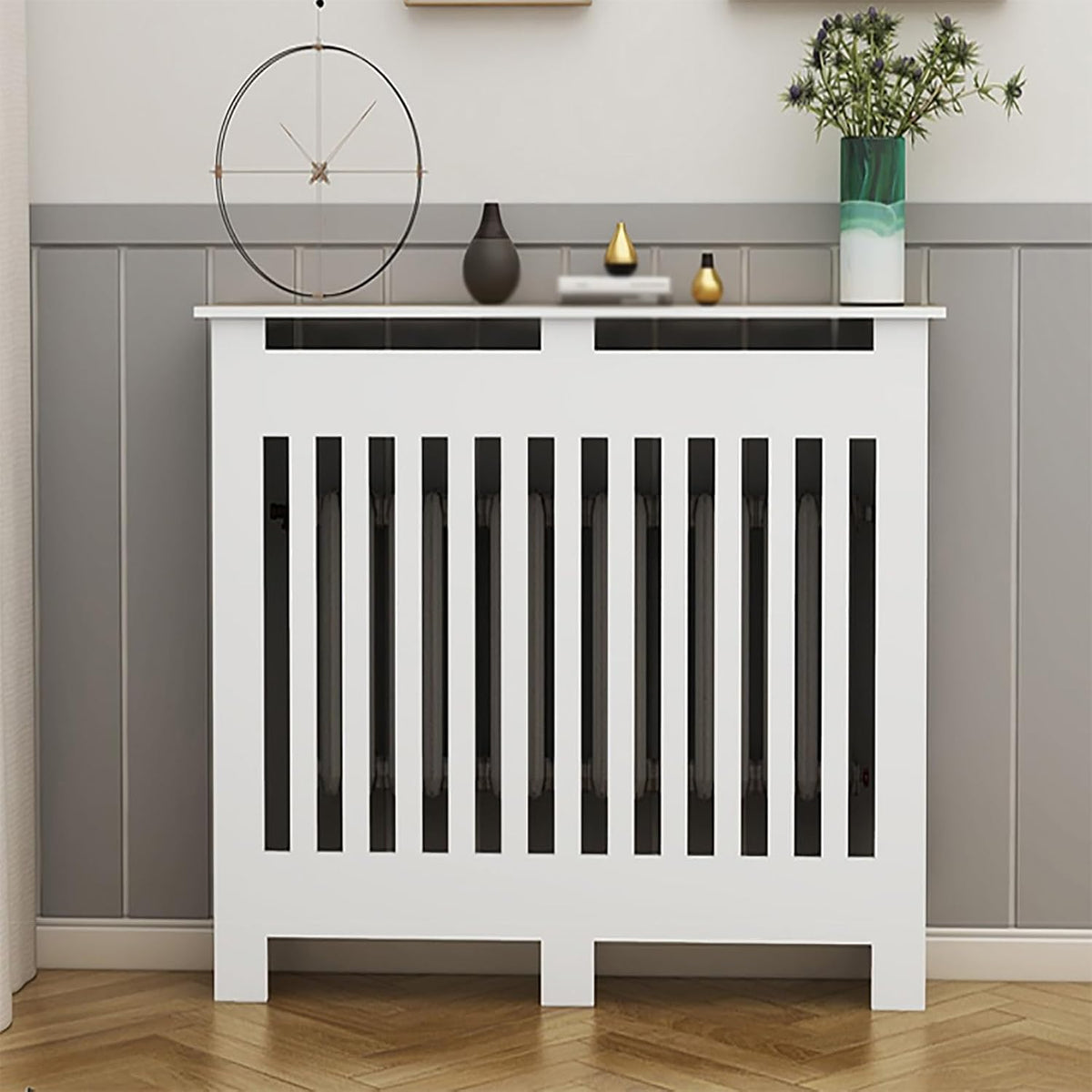 Cache Pièces et accessoires pour radiateur, Noir, -radiateur moderne pour plinthe avec lattes verticales, idéal pour le salon
