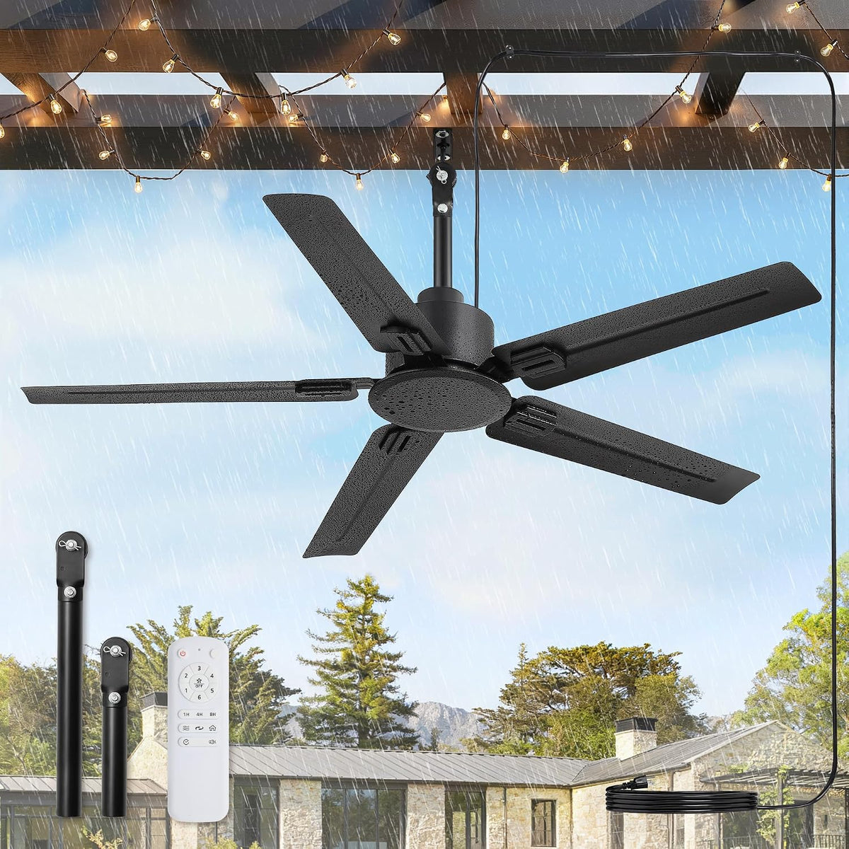 Fanbulous Ventilateurs de plafond, 122 cm, Noir, Ventilateur de plafond extérieur sans lumière IP65 étanche