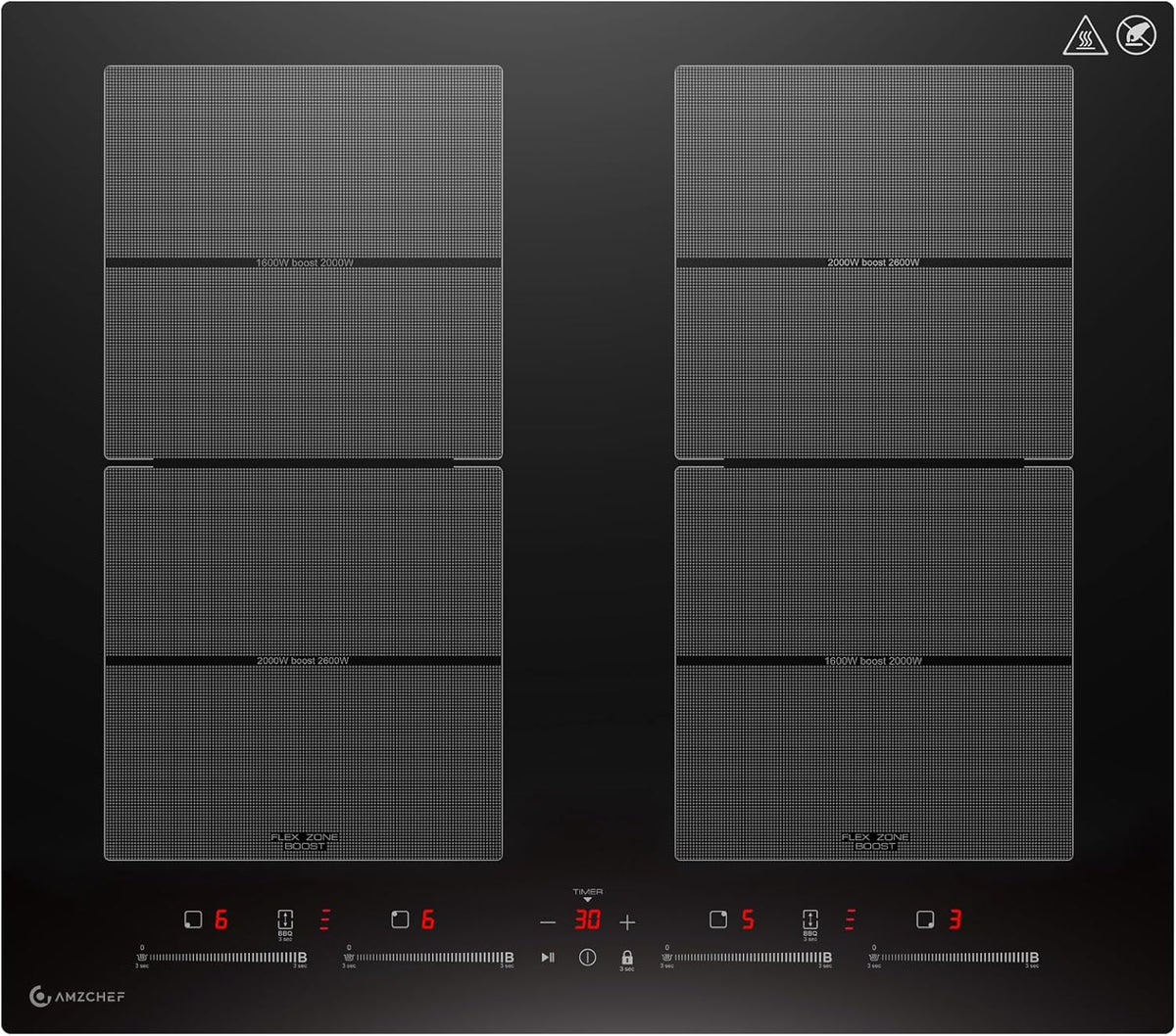 AMZCHEF table de cuisson à induction, 60 cm, 4 zones dont 2 flexibles, 7400 W, Noir