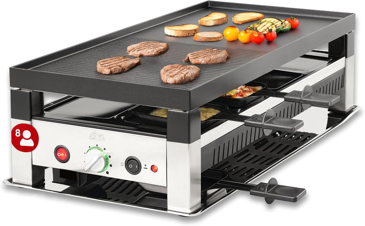 Solis Raclettes, 1400 W, Argenté, Table Grill 791 5 en 1 Appareil à raclette pour 8 personnes, Barbecue électrique