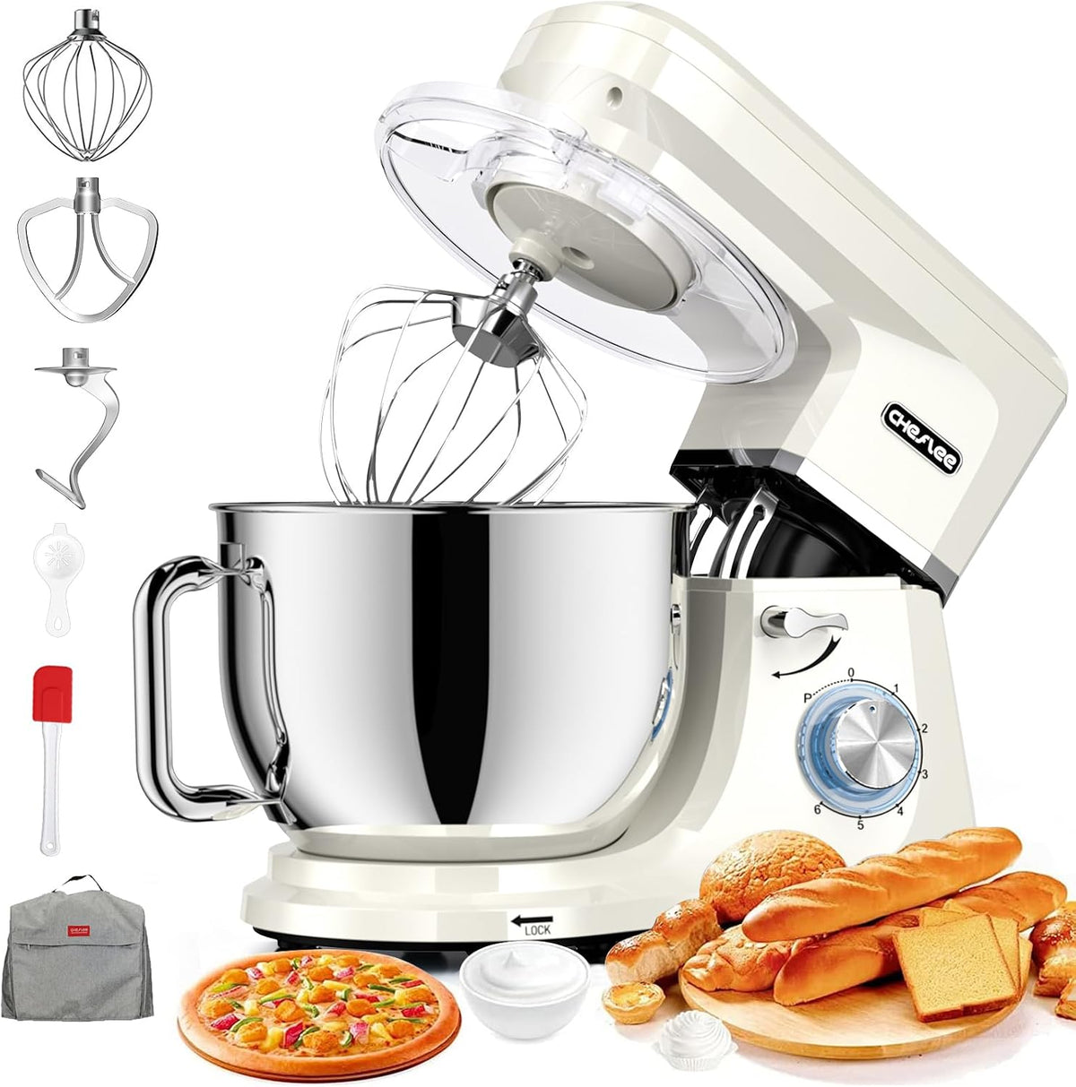 CHeflee robot de cuisine, 2000 W, 8 L, Argenté, Bol d'Acier Inoxydable, 6 Vitesses