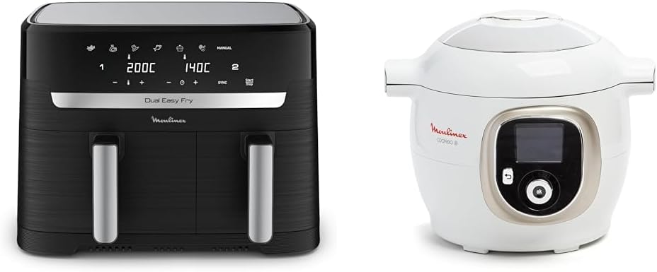Moulinex friteuse à air chaud, 8,3 L, 6 L, Argenté, LOT air fryer deux compartiments, Dual essential inox, EZ901820 +