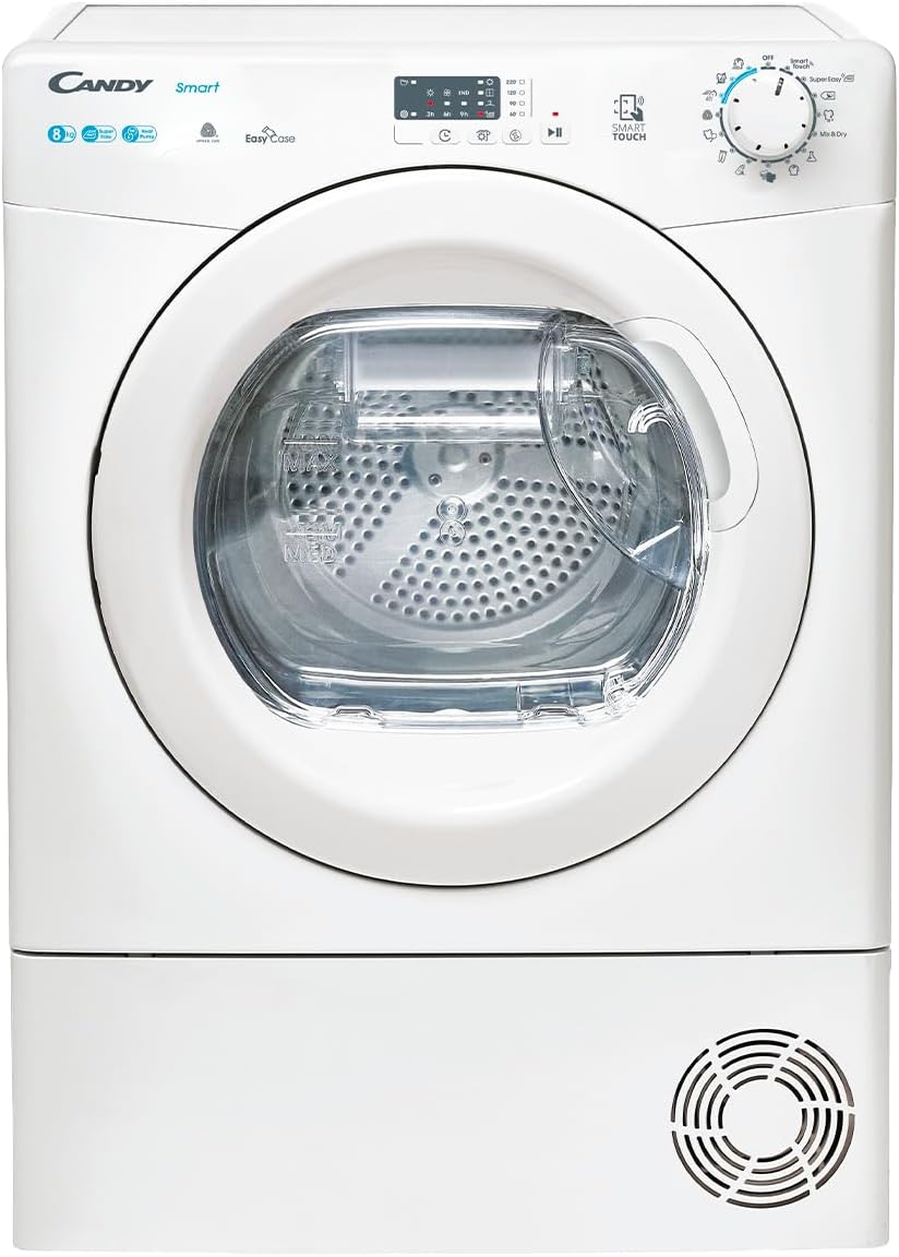 CANDY Sèche-linges avec pompe à chaleur, 8 Kg, 85 x 59,6 x 58,5 cm, Blanc, Départ Différé, Bac à Eau Easy Case - - - Modèle CSE H8A1LE-S