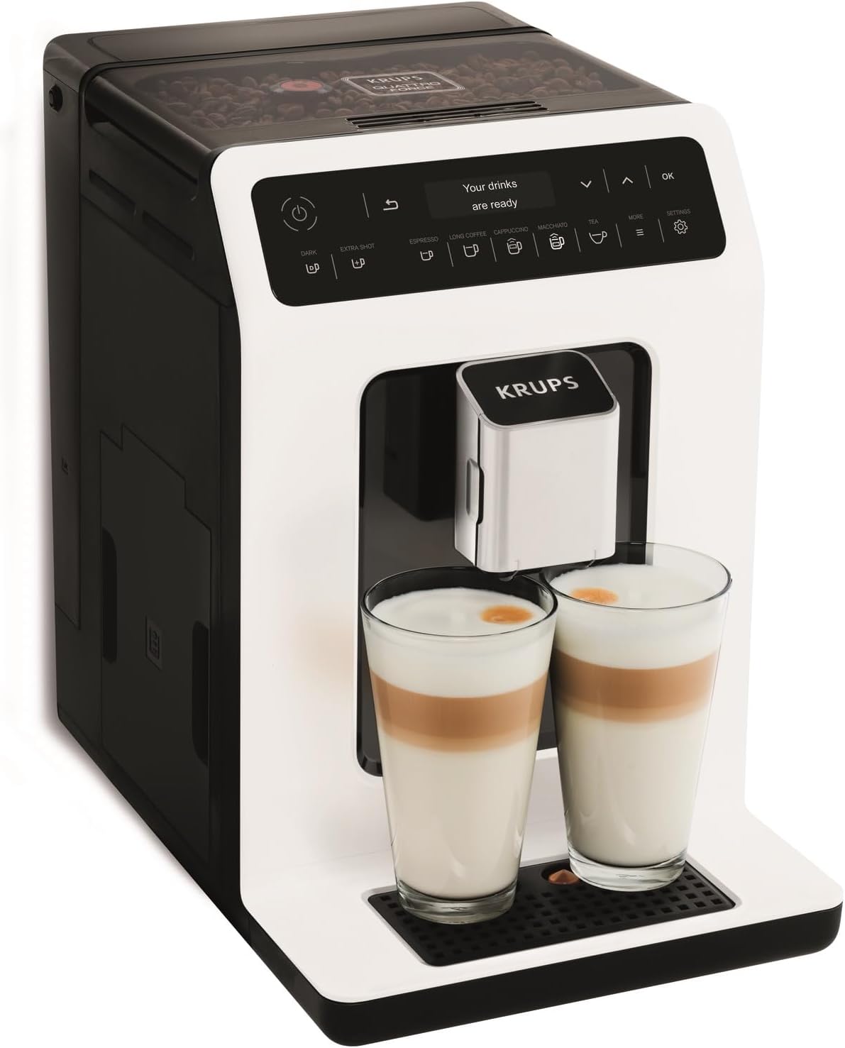 KRUPS machine à café, Blanc, Broyeur à grain, Cafetière expresso, Cappuccino, Espresso, 15 boissons, 2 tasses en simultané