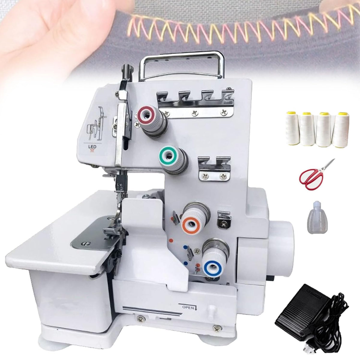 Pfps surjeteuse, 26 × 26 × 30 cm/10,23 × 10,23 × 11,81 pouces, Gris, Machine à Coudre 3-4 Fils, éclairage LED Et Kit D'accessoires Complet