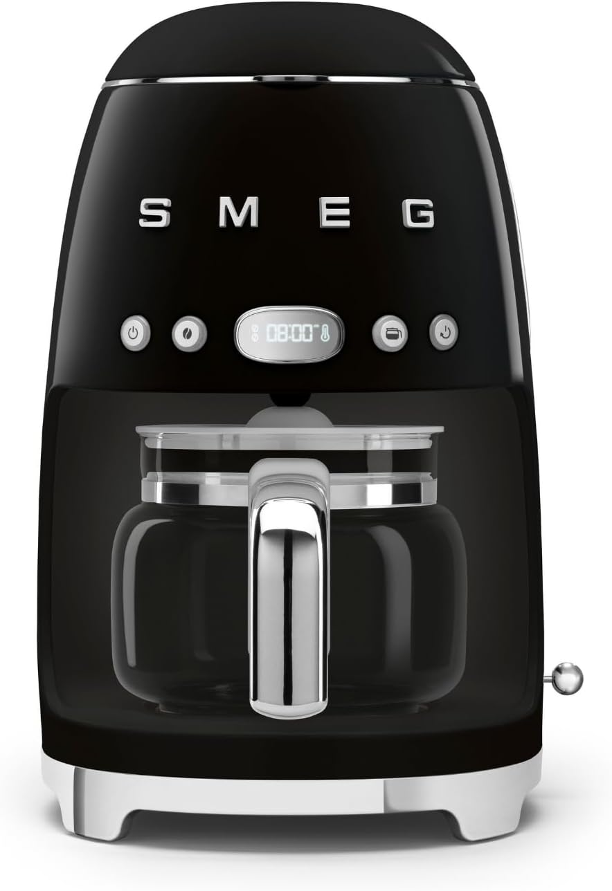 Smeg machine à café, 1050 W, Noir, Filtre DCF02BLEU, Fonction Arôme et Autostart, Carafe en Verre Jusqu'à 12 Tasses