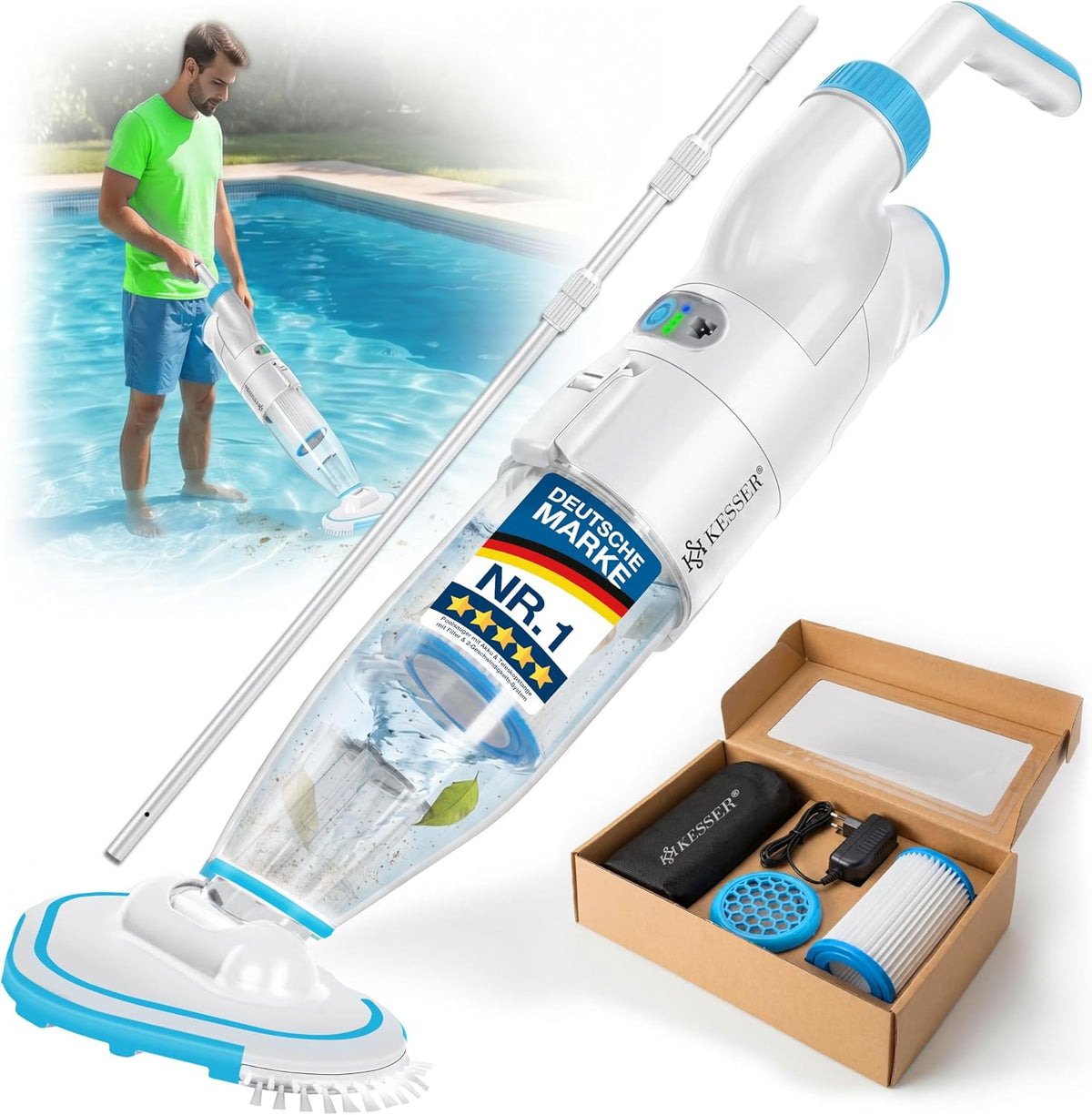 KESSER Produits nettoyants, 15 m, Noir, ® Aspirateur de Piscine avec Batterie + Couverture, électrique Aspirateur de Piscine à Main