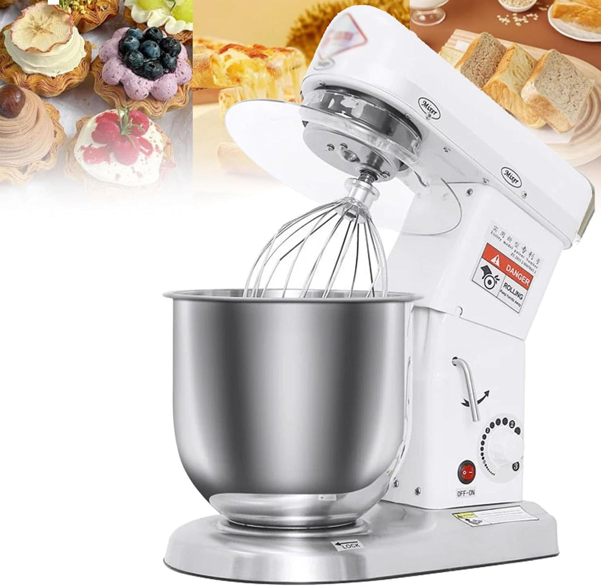 Oiyekntd robot pâtissier, 5 L / 7 L / 10 L, 350 W / 500 W / 500 W, 5 L, 7 L, 10 L, Blanc, Professionnel, Batteur électrique à 3 Vitesses avec Bol