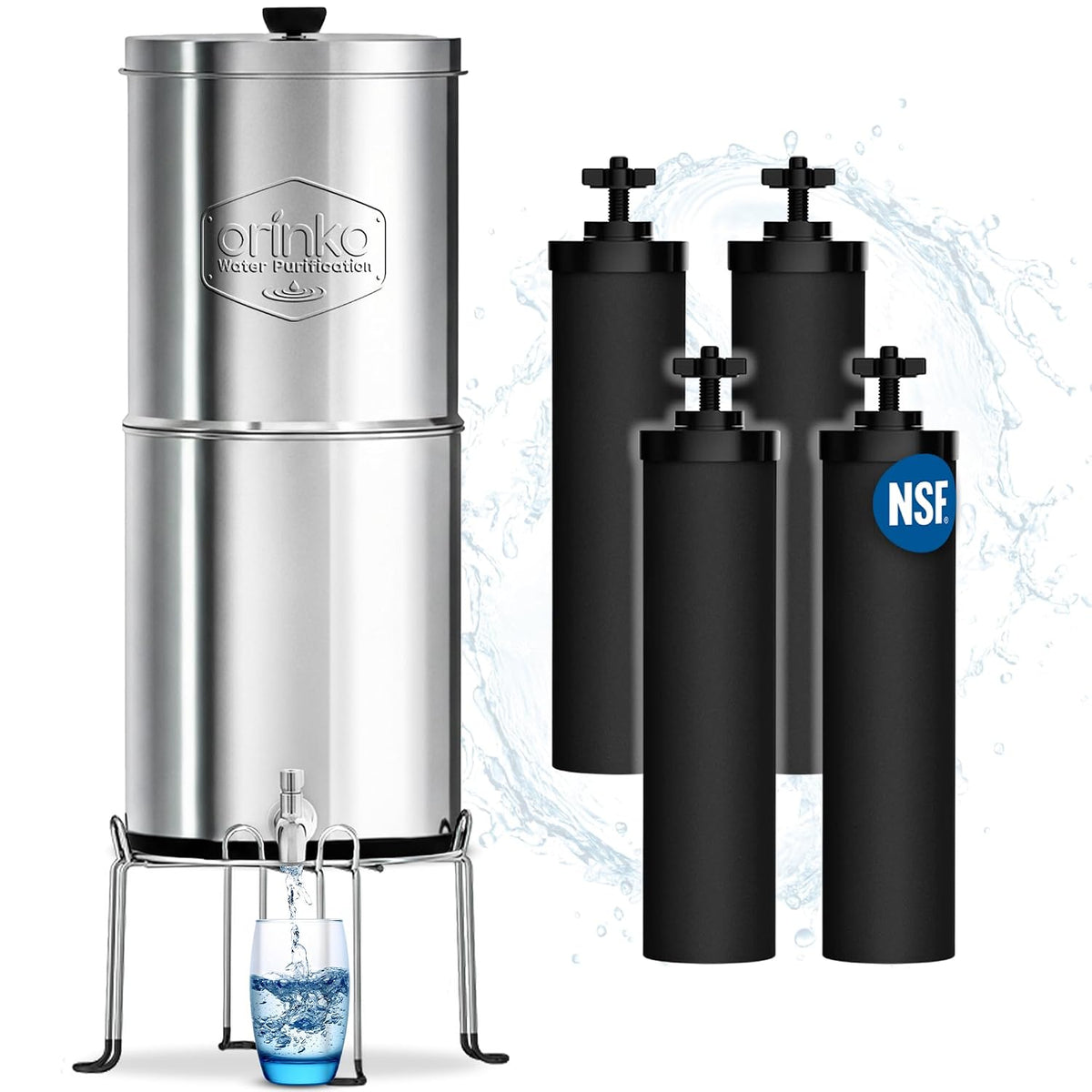orinko fontaine à eau, 8,5 L, Blanc, Filtre à Eau par Gravité avec 4 Cartouches, Purificateur d'Eau avec Charbon Actif