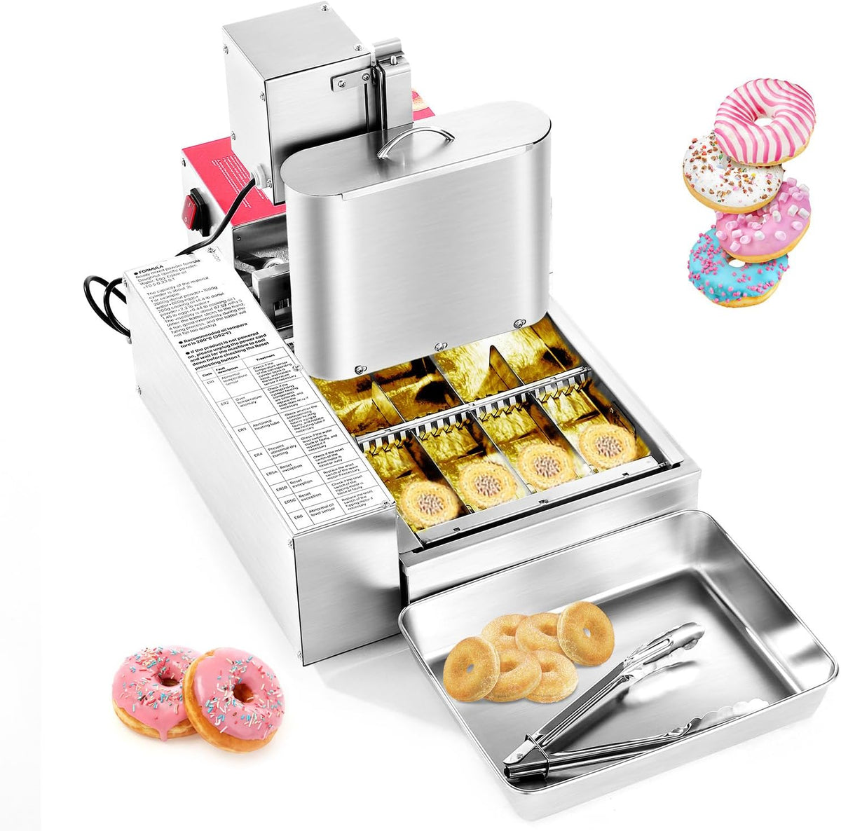 VEVOR Machines à donuts, États-Unis : 1750 W, UE : 2000 W, États-Unis : 120 V CA, 60 Hz ; Europe : 220-240 V CA, 50 Hz, Acier inoxydable 304, Argenté