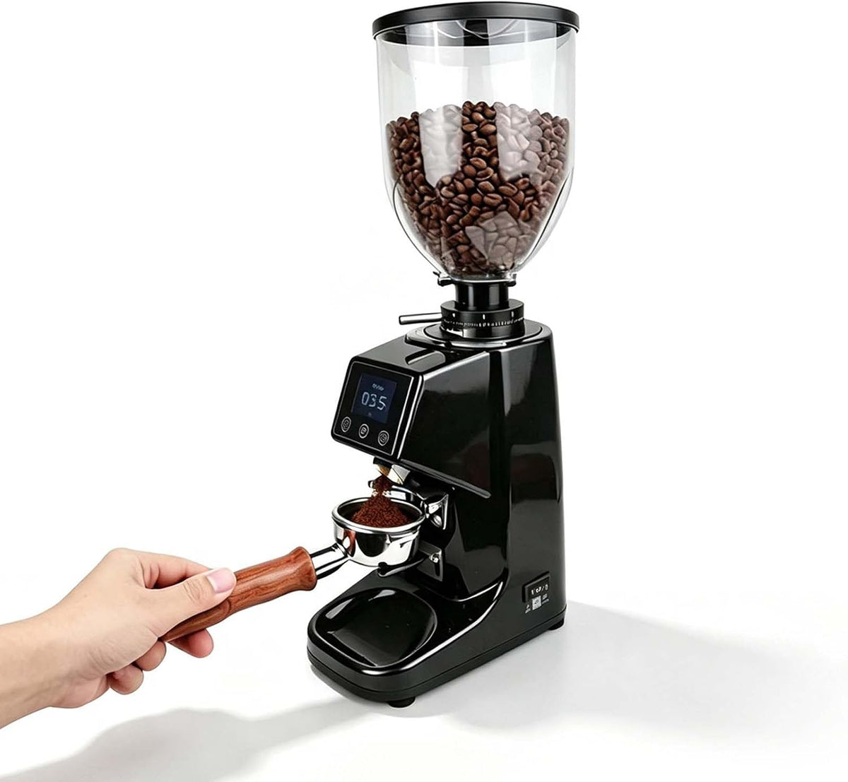 QFGain Moulins électriques à lames, 22 × 14 × 47 cm, 250 W, 64 MM, Noir/Argenté, Moulin à Café Professionnel à Meules Plates