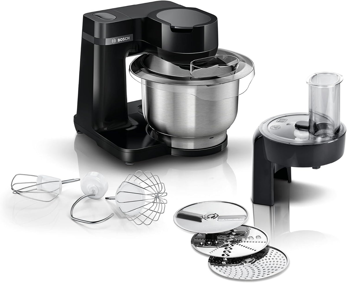Bosch robot de cuisine, 700 W, 3,8 L, Argenté/Noir, MUMS2EB01 MUM Serie 2, bol en acier inoxydable, hachoir et 3 tranches