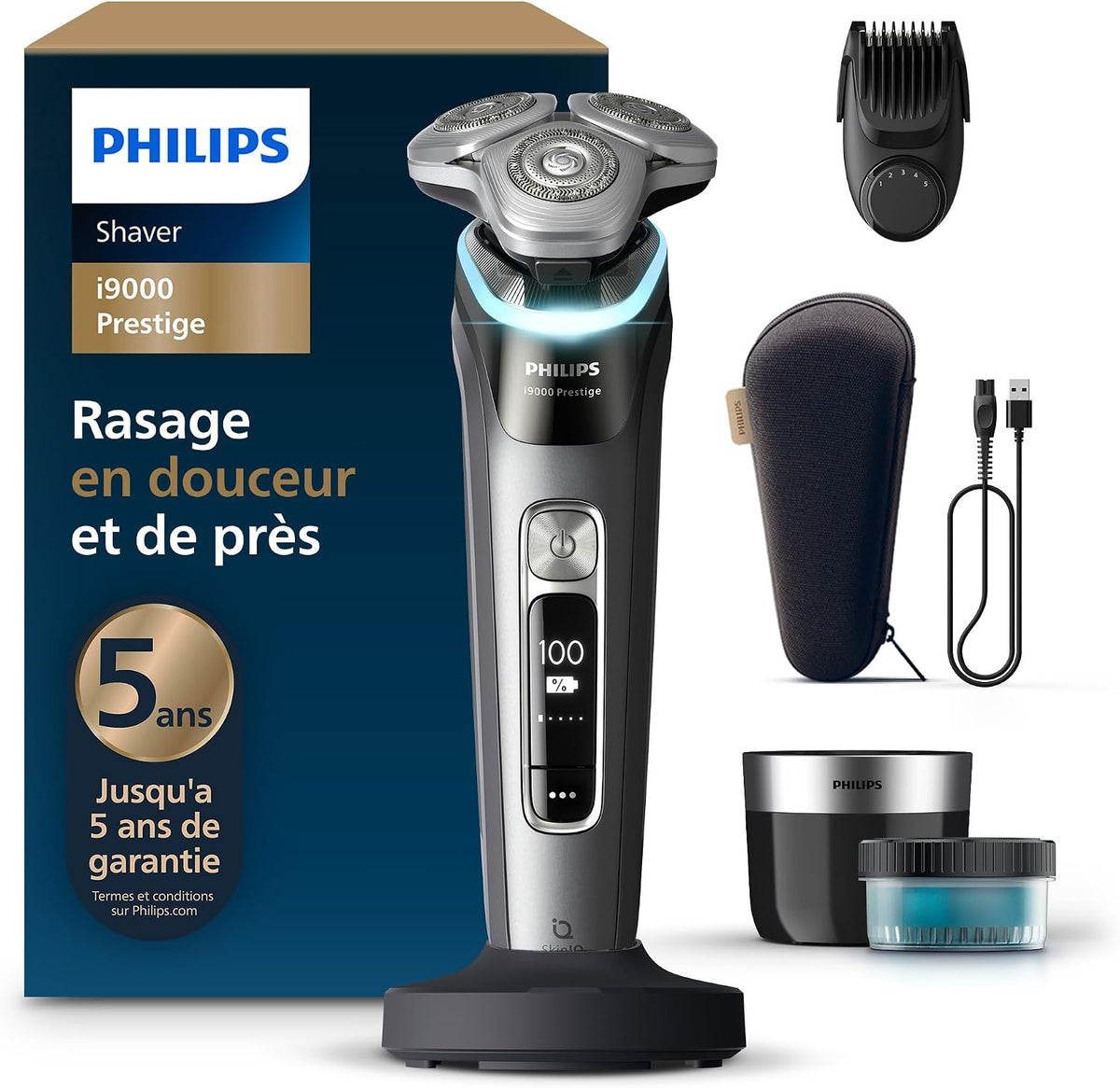 PHILIPS épilateur à lumière pulsée, Noir, Rasoir i9000 Prestige, Rasoir électrique sec et humide, technologie Skin IQ