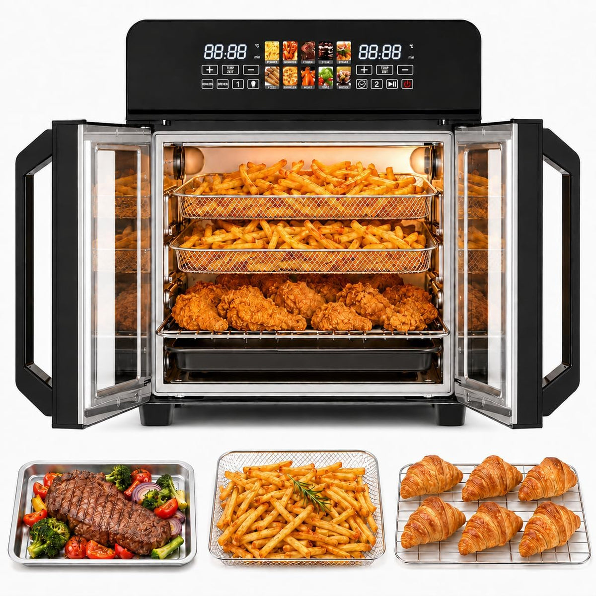 Royal Swiss friteuse à air chaud, 23 litres, 2400 W, Noir/Argenté, Four Air Fryer XXL, Friteuse Sans Huile Grande Capacité avec Double Porte