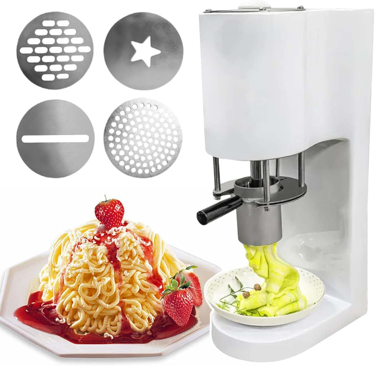 HCAUYNN sorbetière, 80 W, blanc/rouge/jaune, Professionnelle à Spaghettis 4 Formes, Machine à PâTes pour Glaces Molles