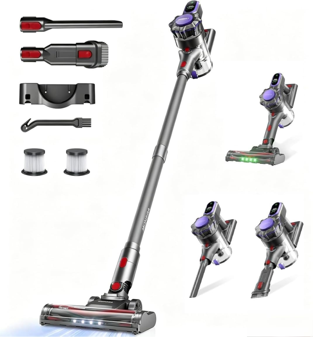 MONSGA aspirateur balai sans fil, 550 W, 45kPa, Gris, Puissant, Autonomie 50min, GreenEye, Aspirateur sans Fil pour Poils d'animaux