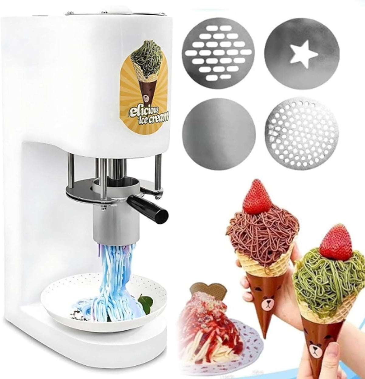 Hydravex sorbetière, 80 W, 220 V / 50 Hz, Noir, Machine à Glace Spaghetti, débit de 7, Professionnelle avec 4 moules de Formes différentes