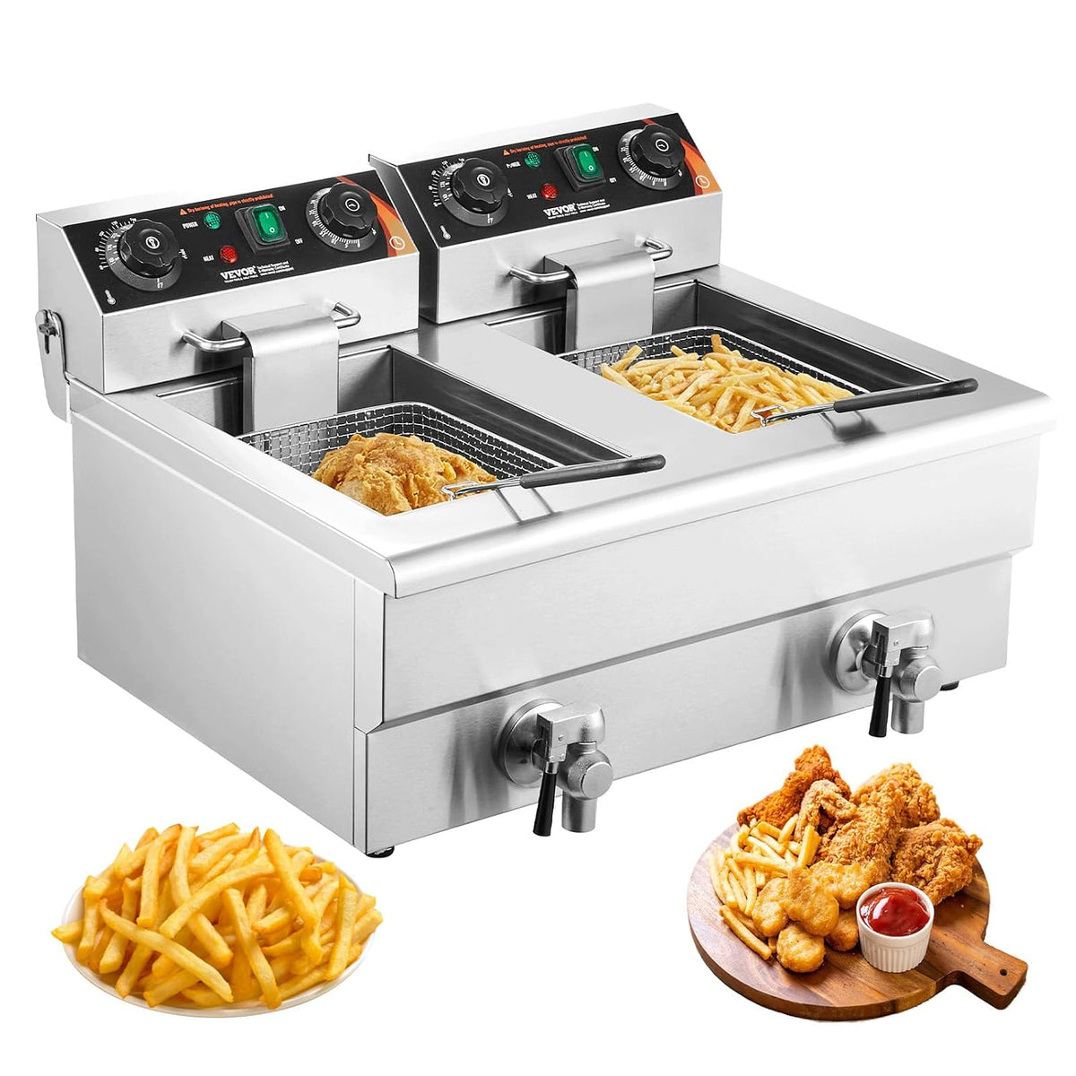 VEVOR Friteuses, 3000 W + 3000 W, 220-240 V CA 50 Hz, 11 L, 3000 W, acier inoxydable de, Argenté