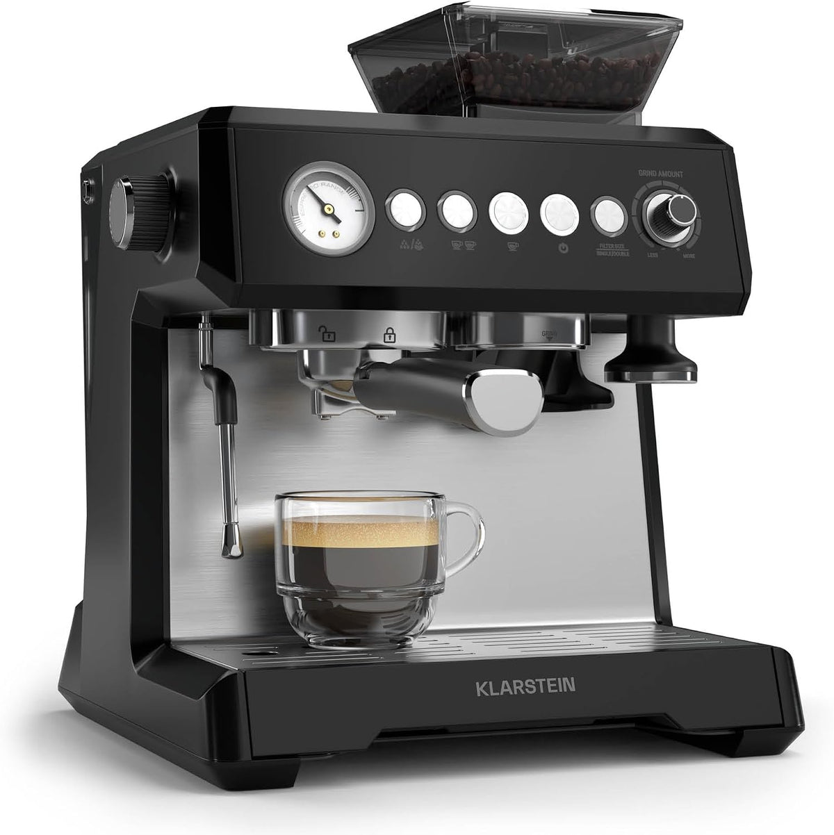 KLARSTEIN machine à café, 1350 W, 2.3 L, Noir, GrandPresso Grain, Moulin Intégré, Buse Vapeur, Réservoir, Cafetière à Grain avec Broyeur
