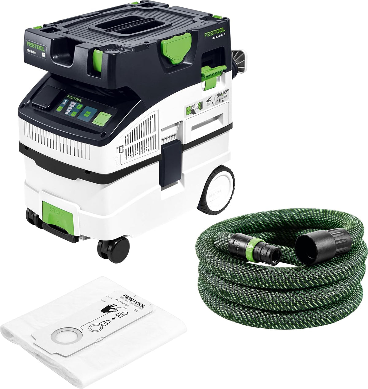 Festool aspirateur eau et poussière, Noir, Aspirateur CLEANTEC CTM MIDI I - Aspirateur Chantier, roues intégrées et panneau de commande numérique