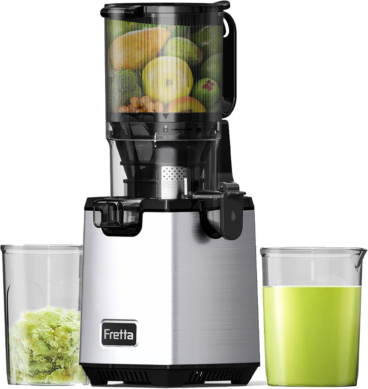 Fretta presse-agrumes, 135 mm, 250 W, Argenté, Extracteurs de Jus à Mastication Lente, Grande Goulotte d'Alimentation de pour Fruits et Légumes