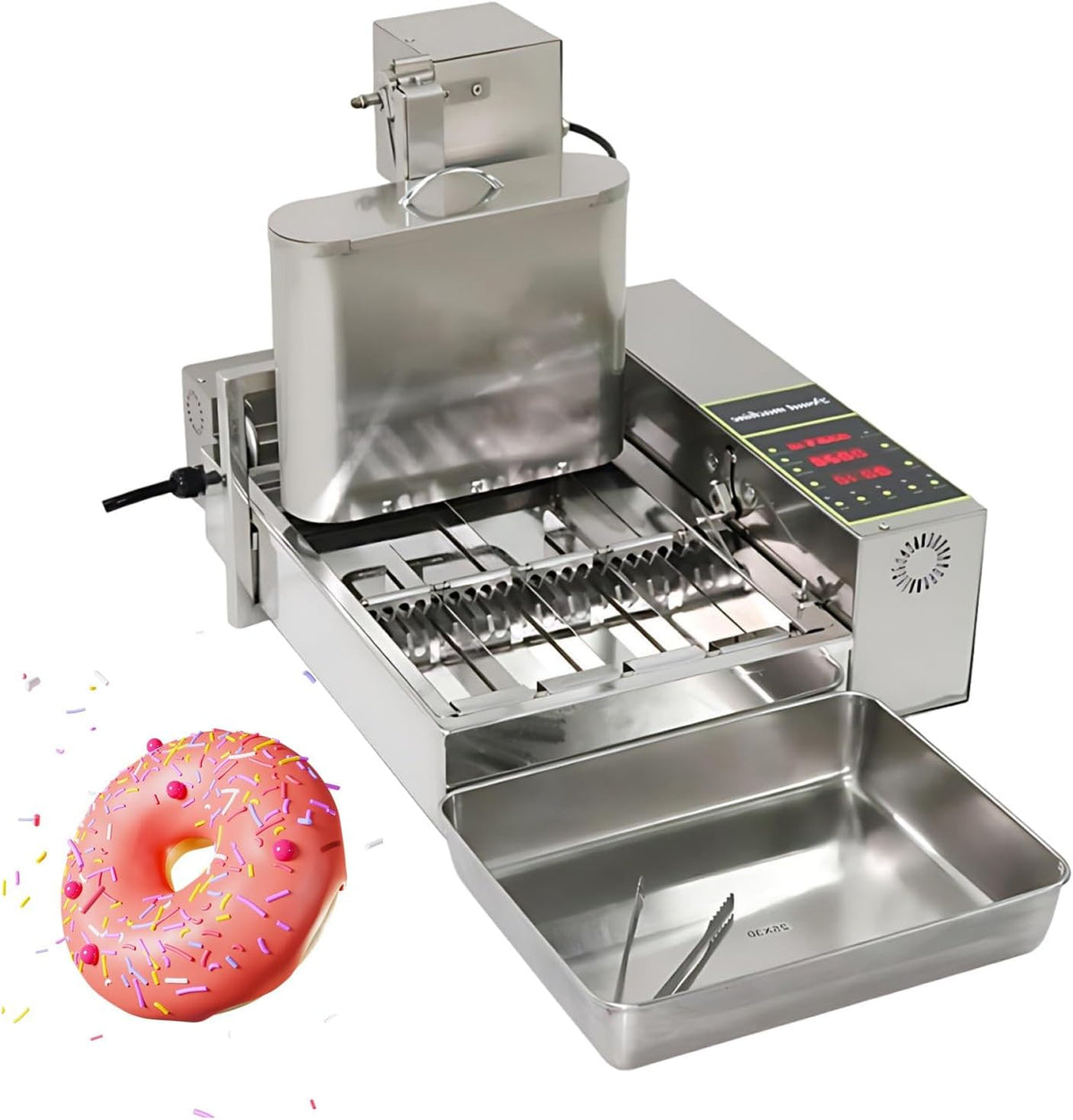 KAIKAFEI Machines à donuts, 2000 W, 110 V / 230 V, 110 V, Acier Inoxydable 304 Durable, Argenté, Mini Donut Maker Machine 4 Rangs