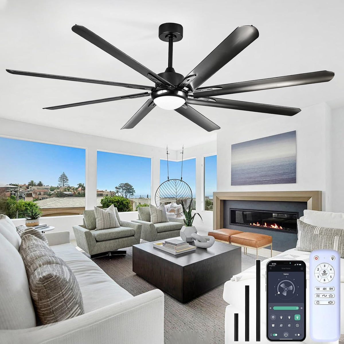 XSXUDODP Ventilateurs de plafond avec lampe intégrée, 185 cm, Blanc/Noir, Ventilateurs de plafond avec lumière
