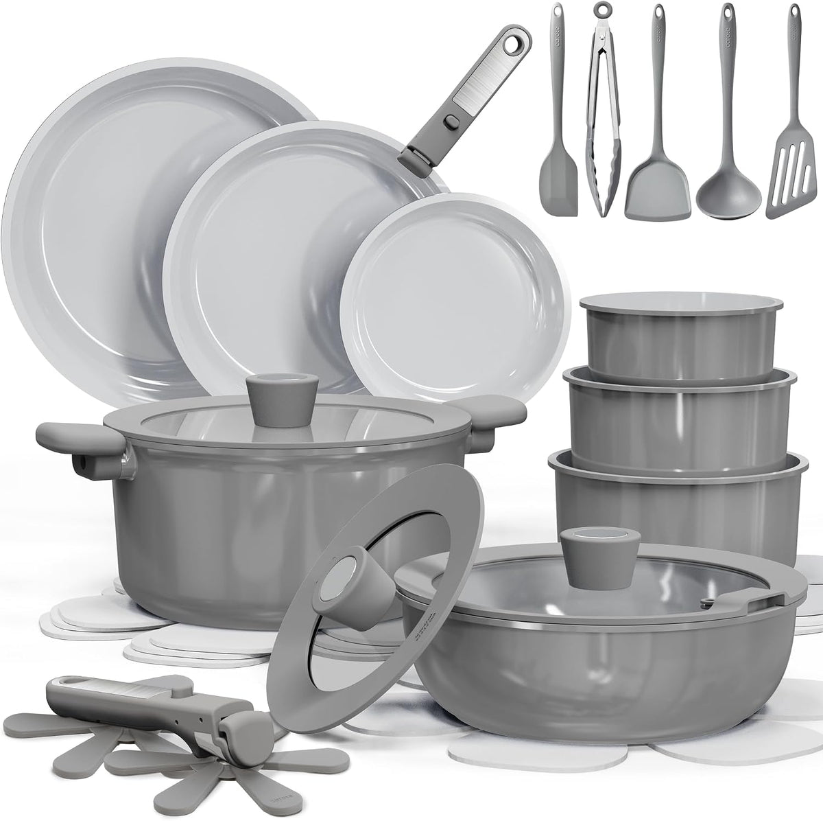 CAROTE batterie de cuisine, Blanc, 25 pièces en céramique antiadhésive, casseroles et poêles à induction, passe au lave-vaisselle/four
