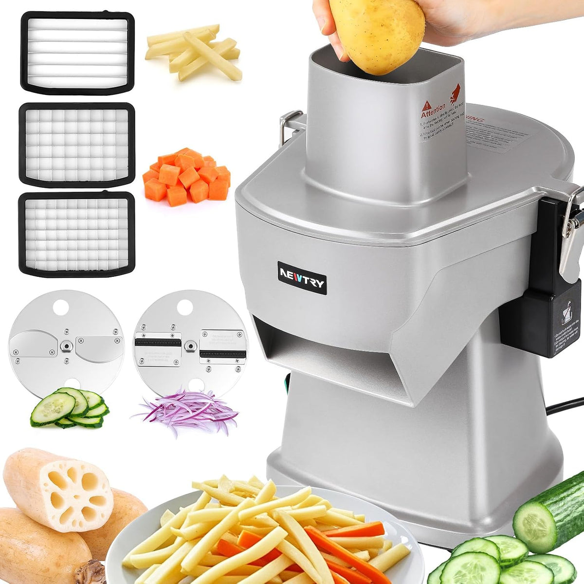 NEWTRY Mandolines, Argenté, Coupe-légumes électrique 4-en-1 Pro Pommes dés cuisine, Acier inoxydable, coupe en dés