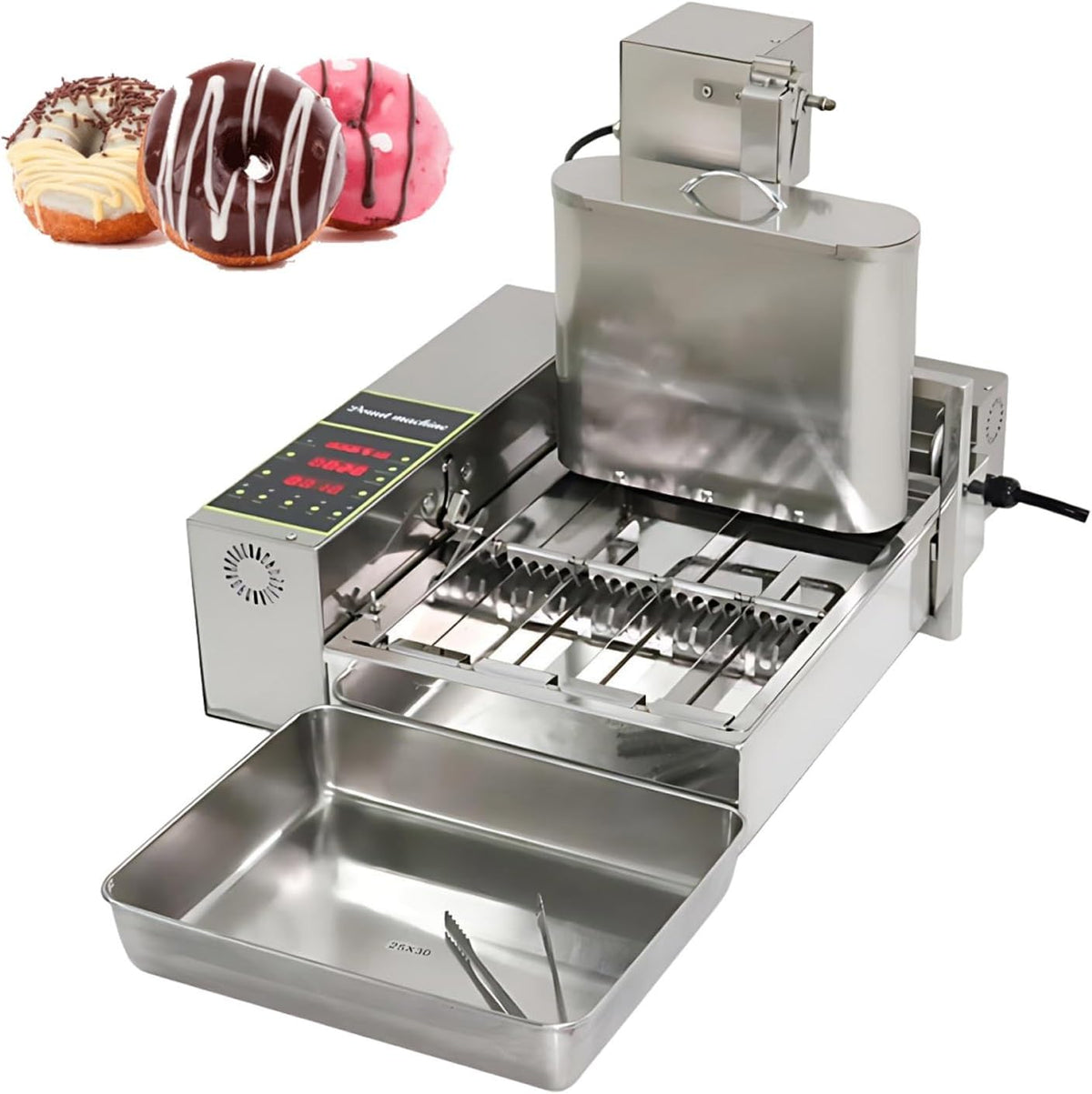 KAIKAFEI Machines à donuts, 2000 W, 110 V / 230 V, 230 V, Acier Inoxydable 304 Durable, Argenté, Machine à Donuts Automatique 4 Rangées