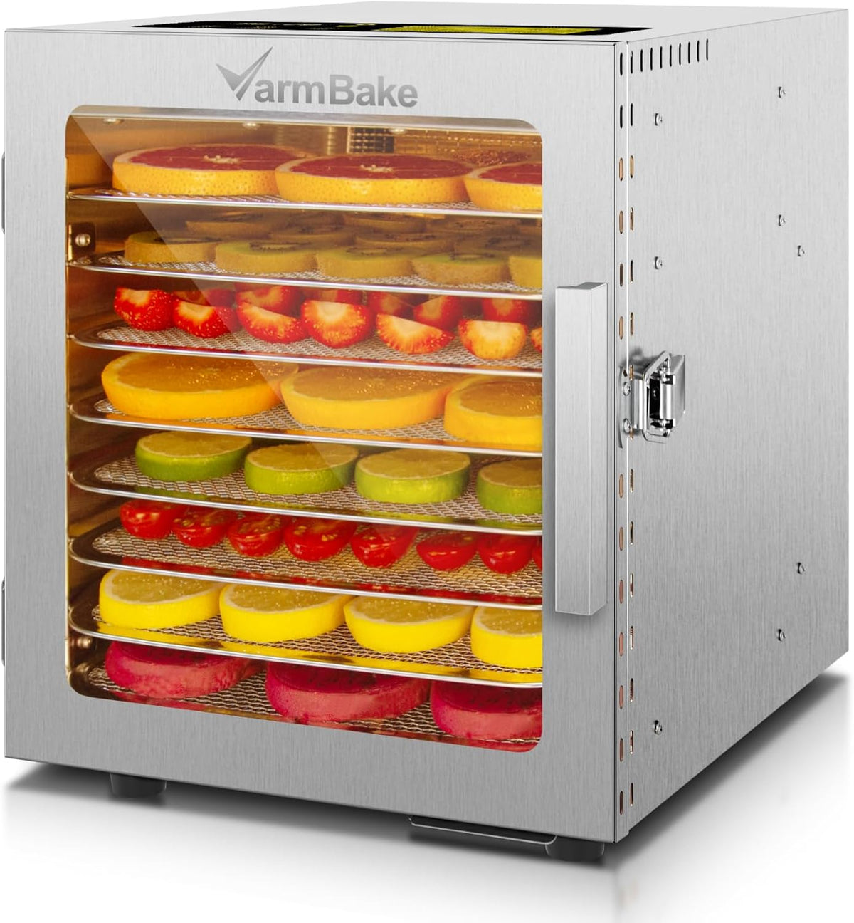 VarmBake déshydrateur alimentaire, ST-04., 26,9 x 32,5 x 38,6 cm., 0,5 m²., 500 W., 0,5 m, Argenté, Déshydrateur en acier inoxydable à 8 niveaux