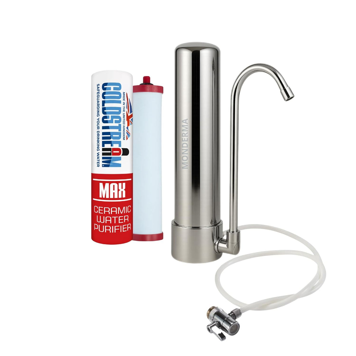 MONDERMA Robinets filtrants, 33 cm, 7,5 cm, 3000 L, Argenté, Filtre à Eau sur Comptoir, 1 cartouche filtrante CTO MAX coldstream